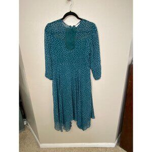 Eva Mendes New York & Company Teal Polka Dot Midi Dress Lace Accent Long Sleeves